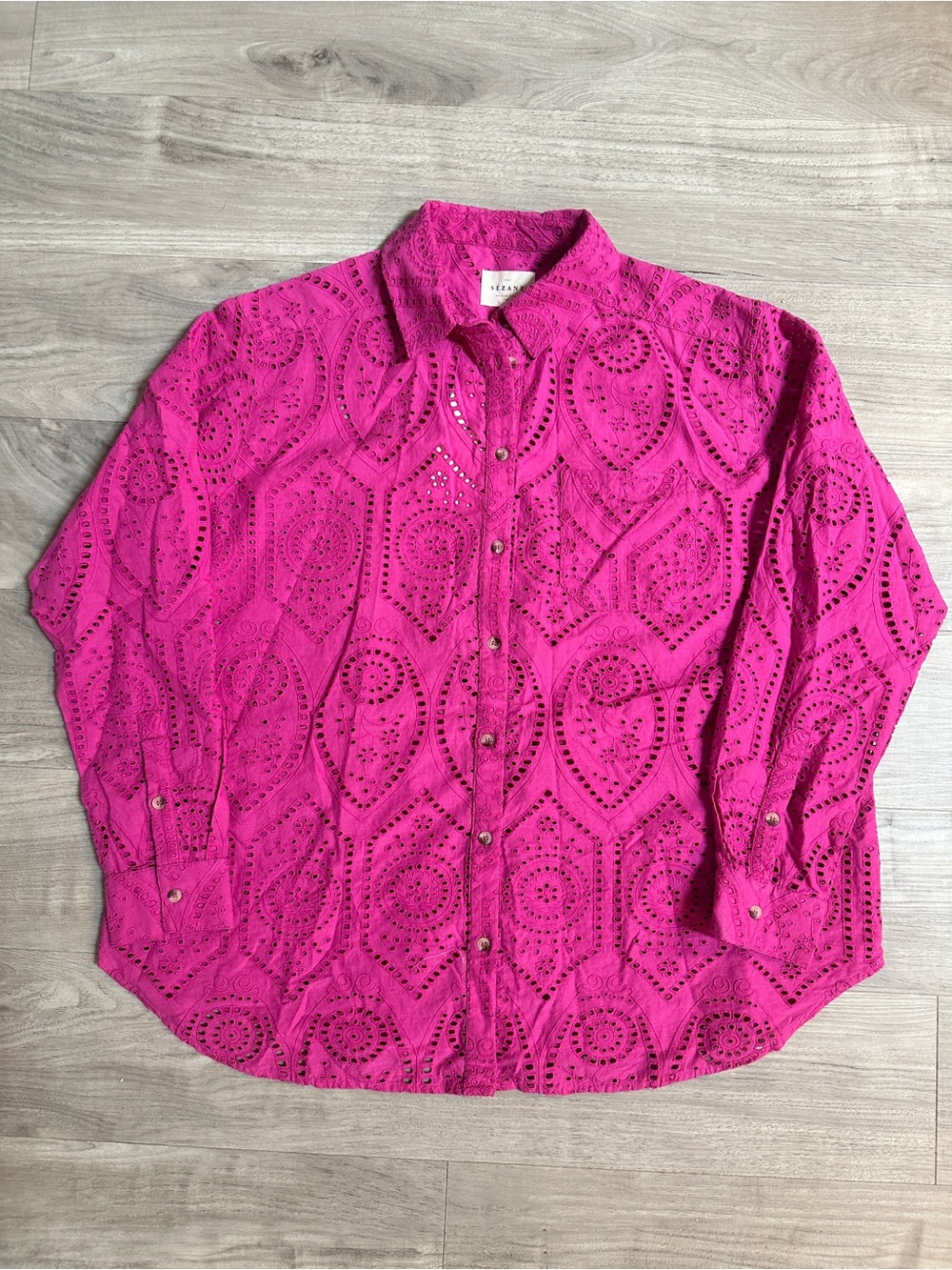 NWT SEZANE Max Magenta Pink Eyelet Long Sleeve Button-Up Shirt, US 6 / FR 38 - Picture 5 of 10